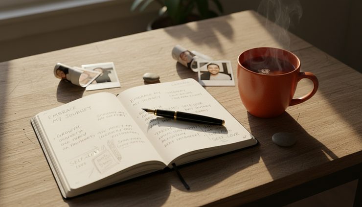 Overhead view of an open journal and a warm mug on a kitchen table.