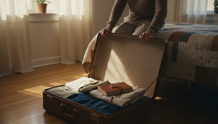 Eye-level view of a person standing beside an open suitcase in a quiet bedroom.