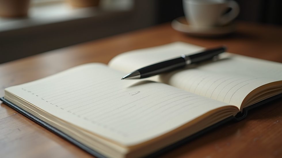 Eye-level view of a journal and pen on a wooden desk