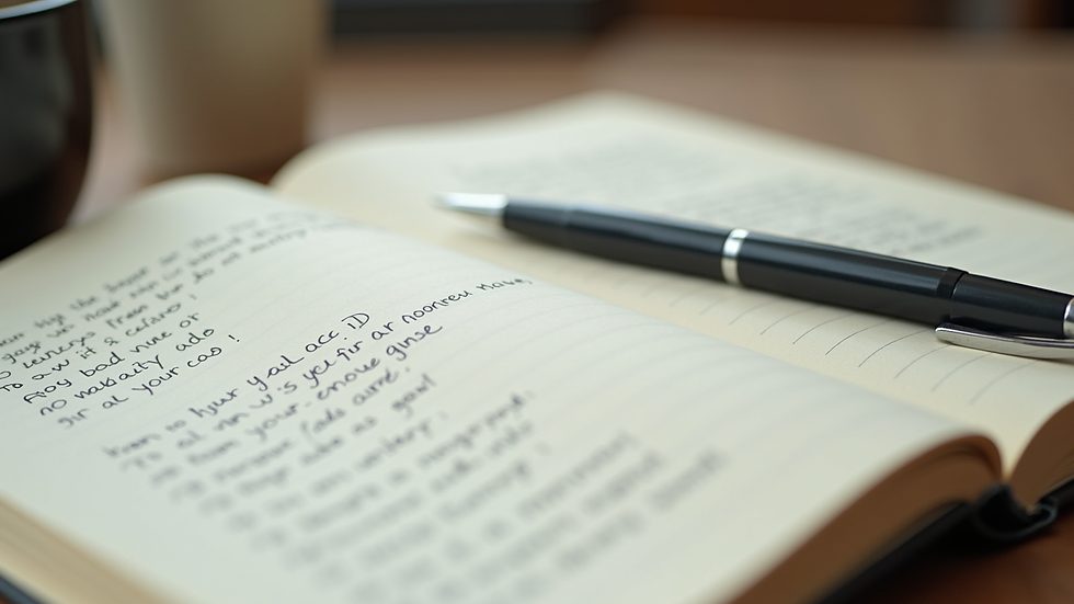 Close-up view of a journal with handwritten goals and a pen