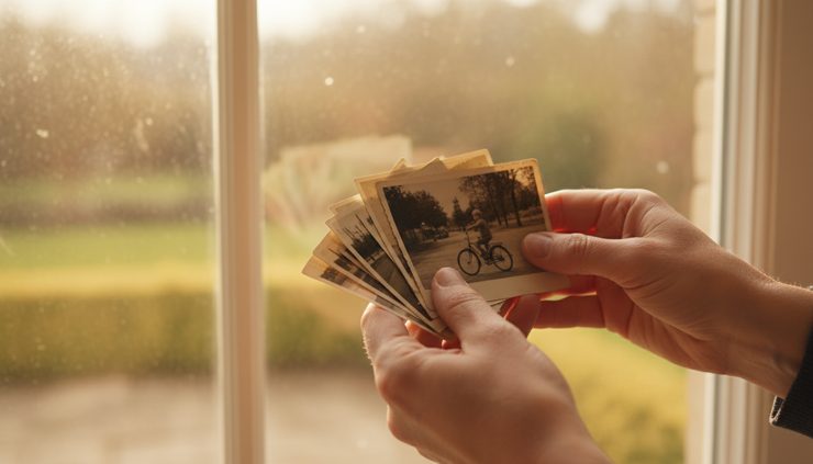 Close-up of hands holding a small stack of old photographs near a window.