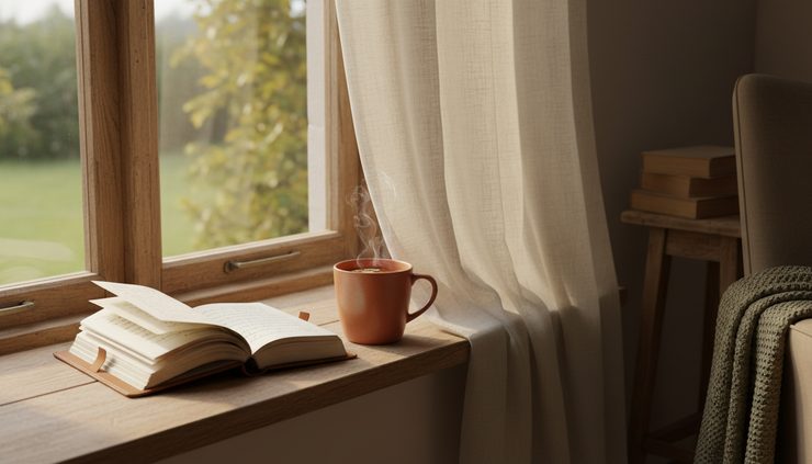 Eye-level view of an open journal beside a cup of tea on a wooden windowsill