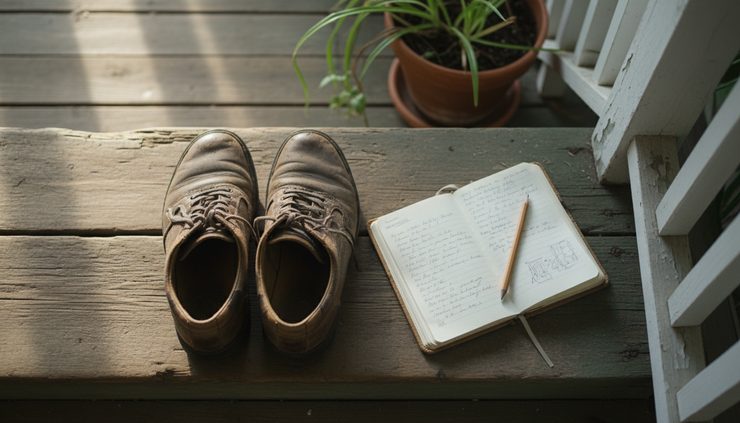 Overhead view of worn walking shoes beside a small notebook on a porch step