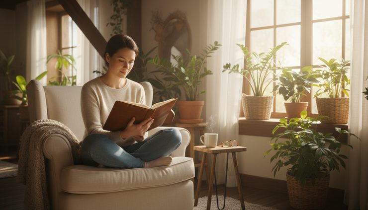 Eye-level view of a person sitting quietly by a sunny window with a journal in hand.