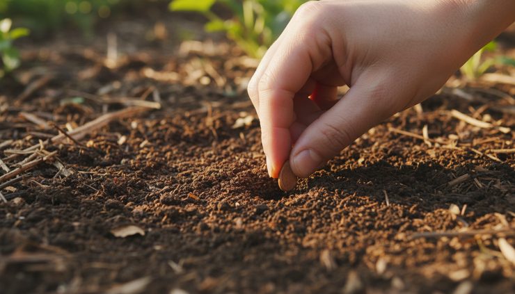 Close-up of a hand placing a small seed into dark soil in a simple garden bed