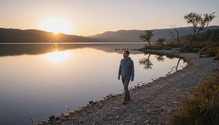 Wide-angle view of a person walking alone near a quiet lake at sunset