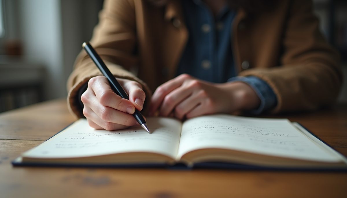 Eye-level view of a person writing goals in a journal