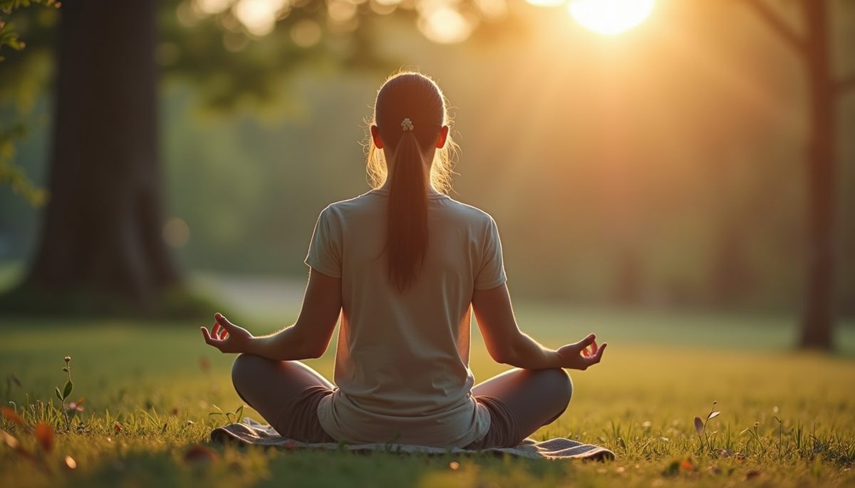 Close-up view of a person meditating in a peaceful outdoor setting