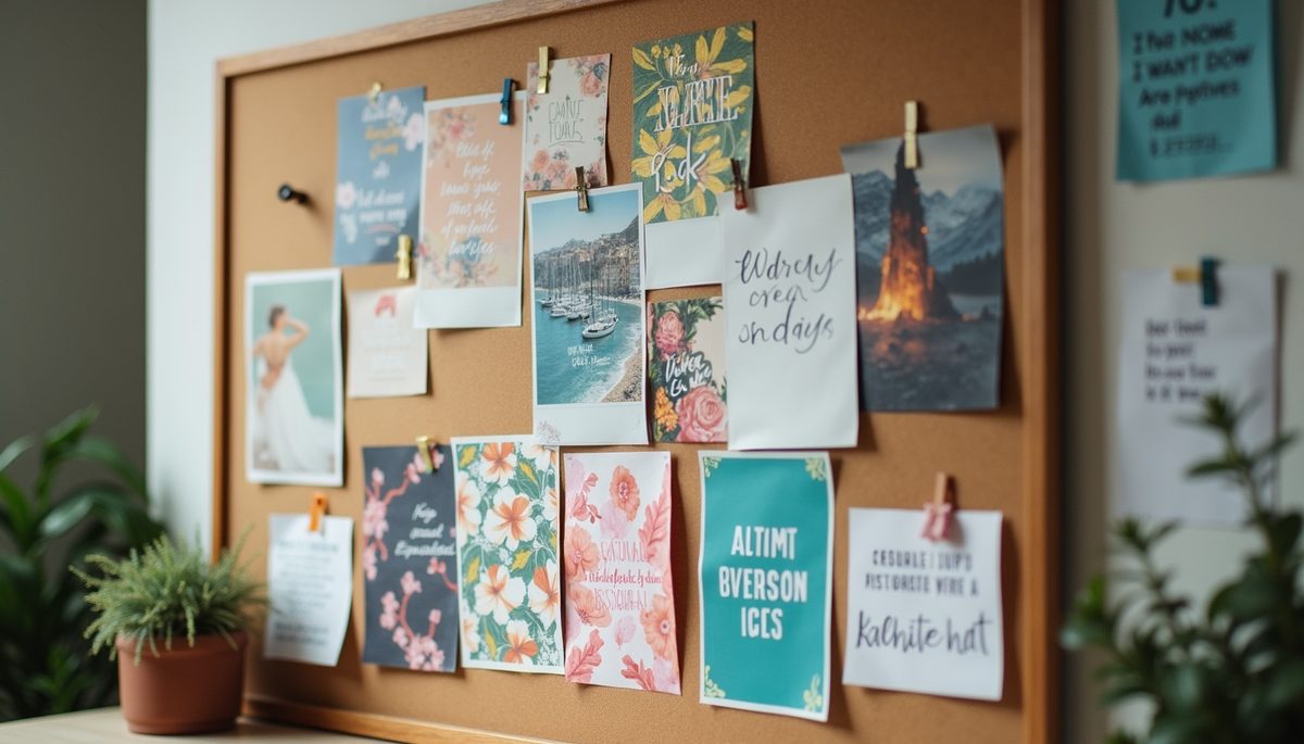Eye-level view of a vision board filled with colorful images and motivational quotes