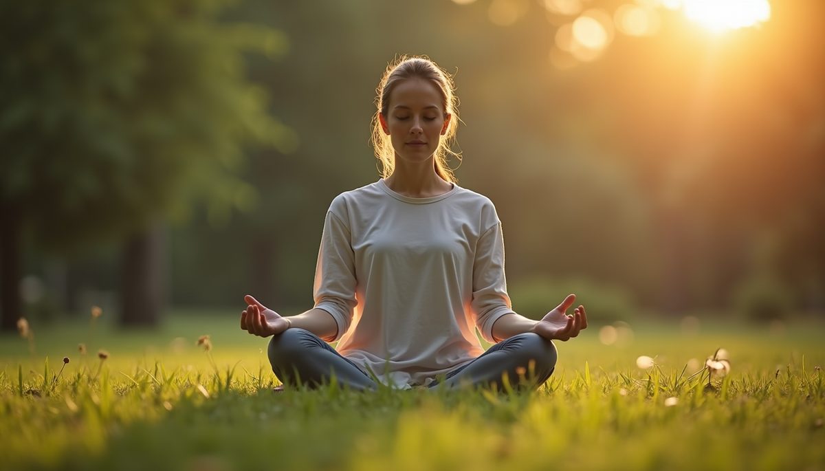Close-up view of a person meditating in a peaceful outdoor setting