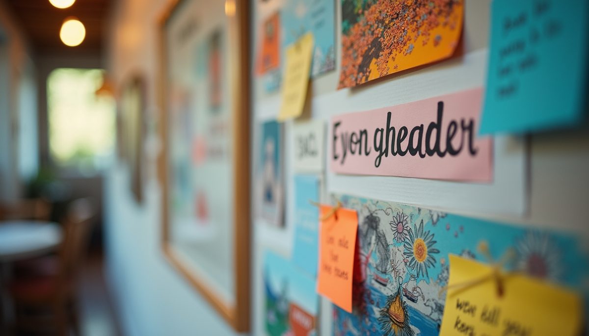 Eye-level view of a vision board filled with colorful images and inspiring words
