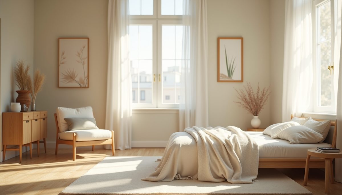 Eye-level view of a serene room with soft lighting and soothing decor