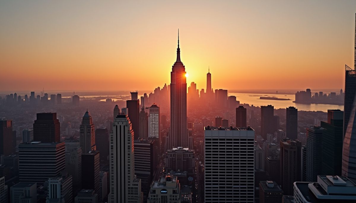 High angle view of the city skyline at sunset