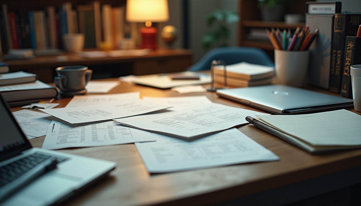High angle view of a cluttered desk with scattered papers