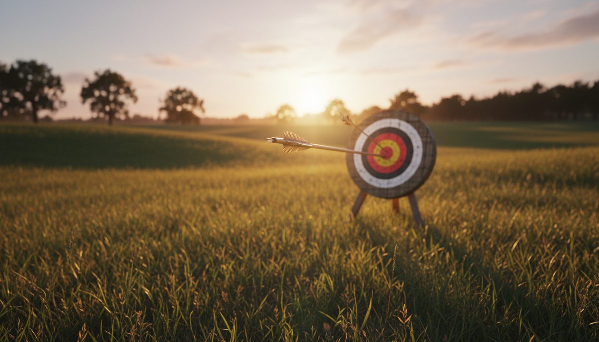 Low-angle view of a single arrow flying toward a sunlit target in an open field