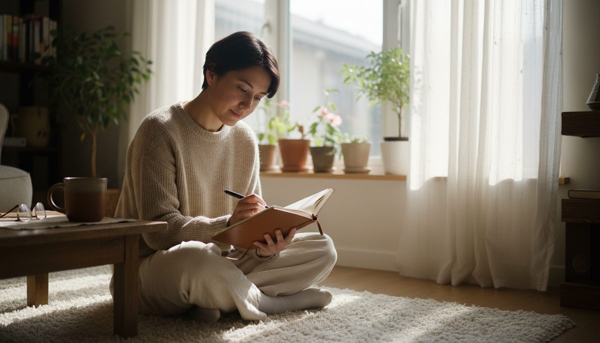 Wide-angle view of a person sitting quietly beside a sunny window with a journal in their lap