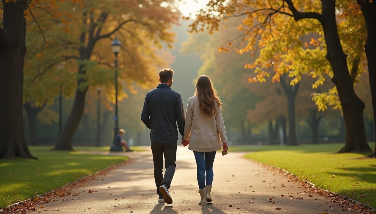 Wide angle view of a couple walking together in a park