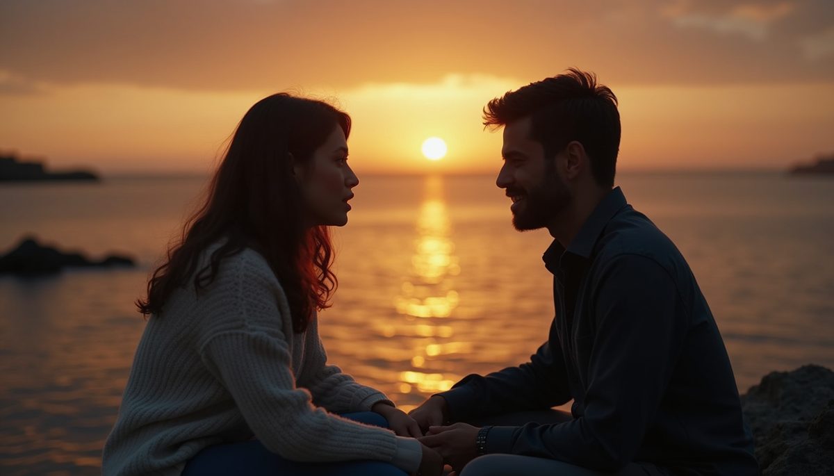 Eye-level view of two people calmly discussing their feelings