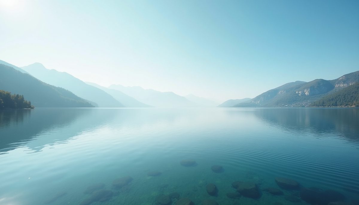High angle view of a peaceful lake reflecting the clear sky, symbolizing clarity
