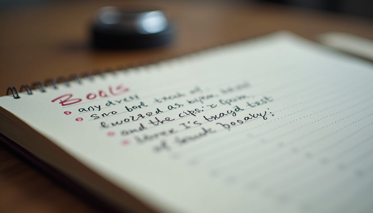 Eye-level view of a journal with handwritten goals and a pen