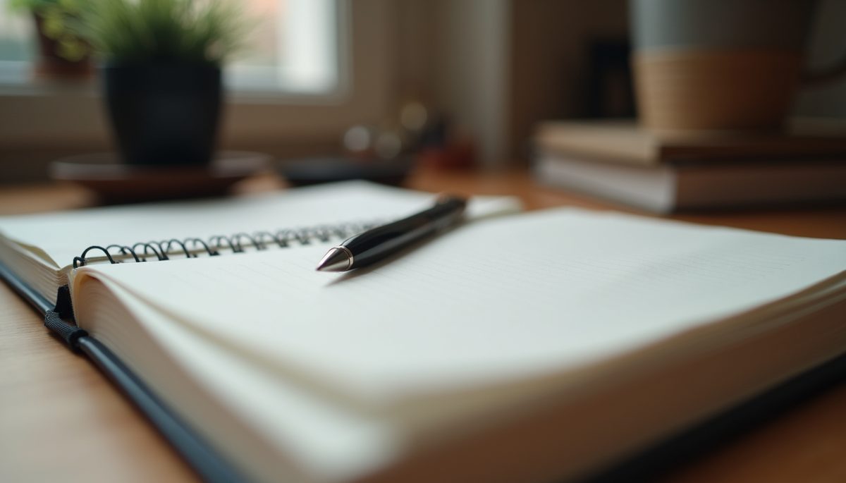 Eye-level view of a journal and pen on a wooden desk