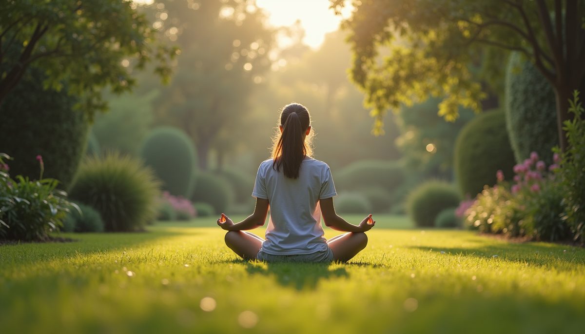 Eye-level view of a person meditating in a peaceful garden