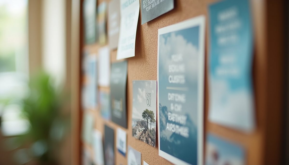 Close-up view of a vision board with inspirational images and quotes