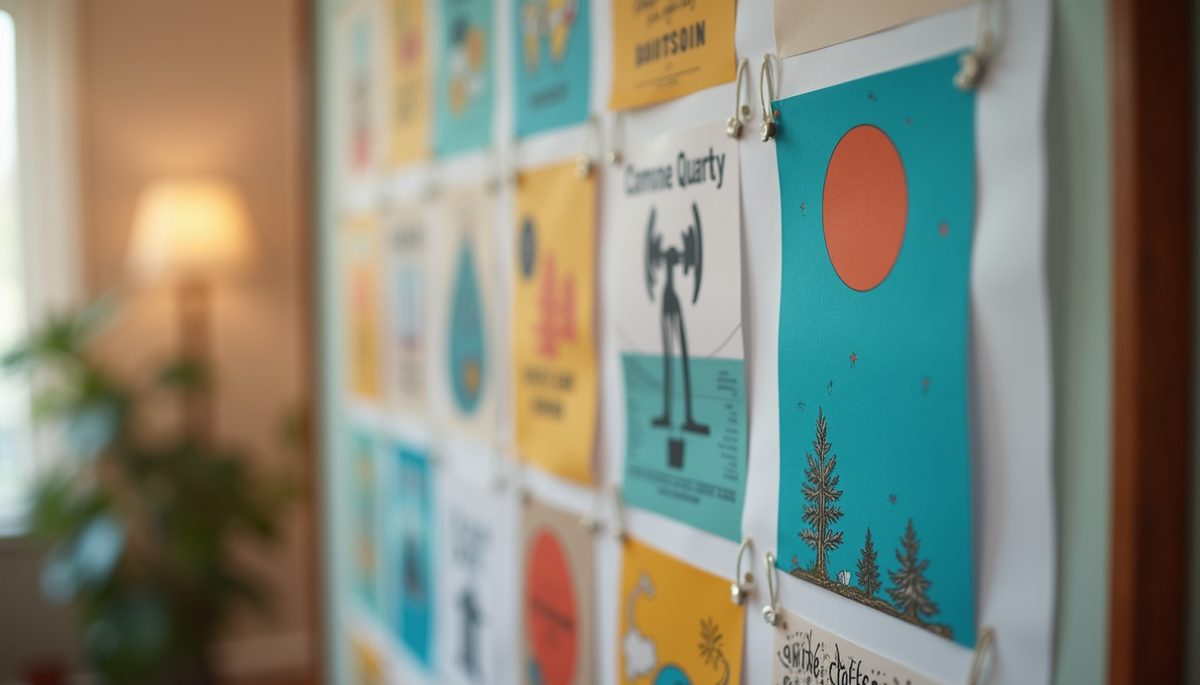 Close-up view of a colorful vision board with inspirational images