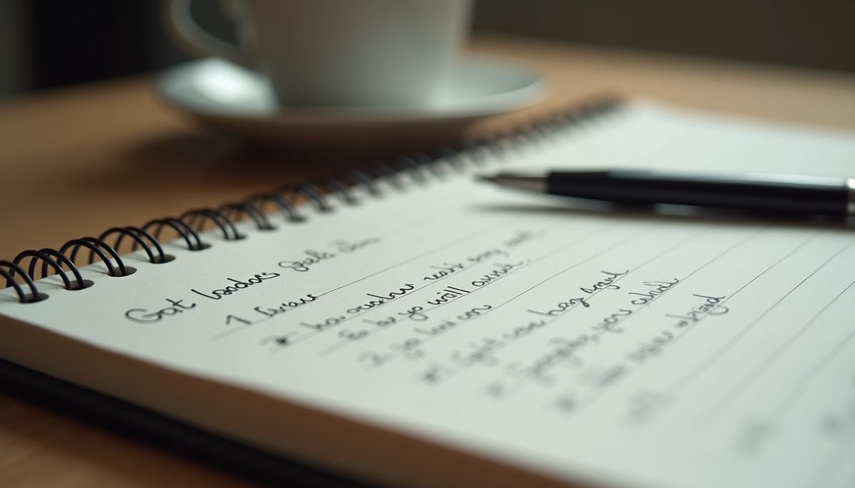 Eye-level view of a journal with handwritten goals and a pen