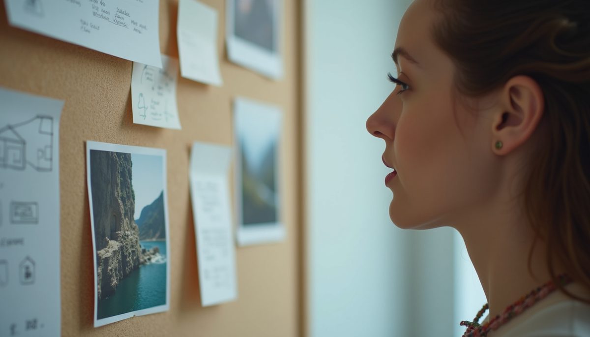 Close-up view of a vision board with pictures and notes