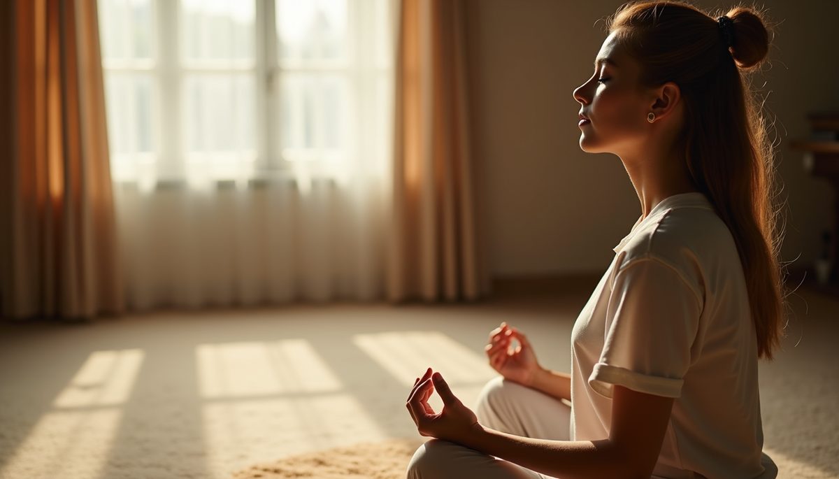 Close-up view of a person meditating with eyes closed in a peaceful room