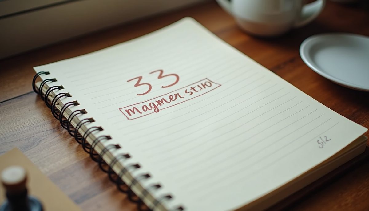 High angle view of a notebook with the 3 3 3 manifestation method written