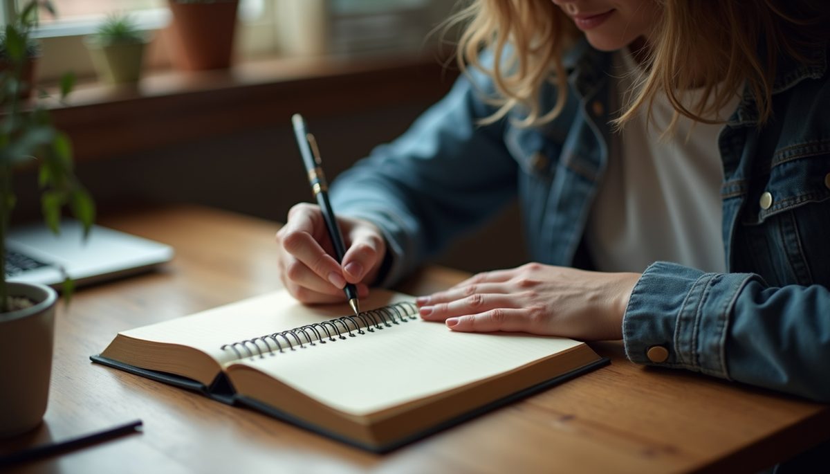 High angle view of a person writing in a journal