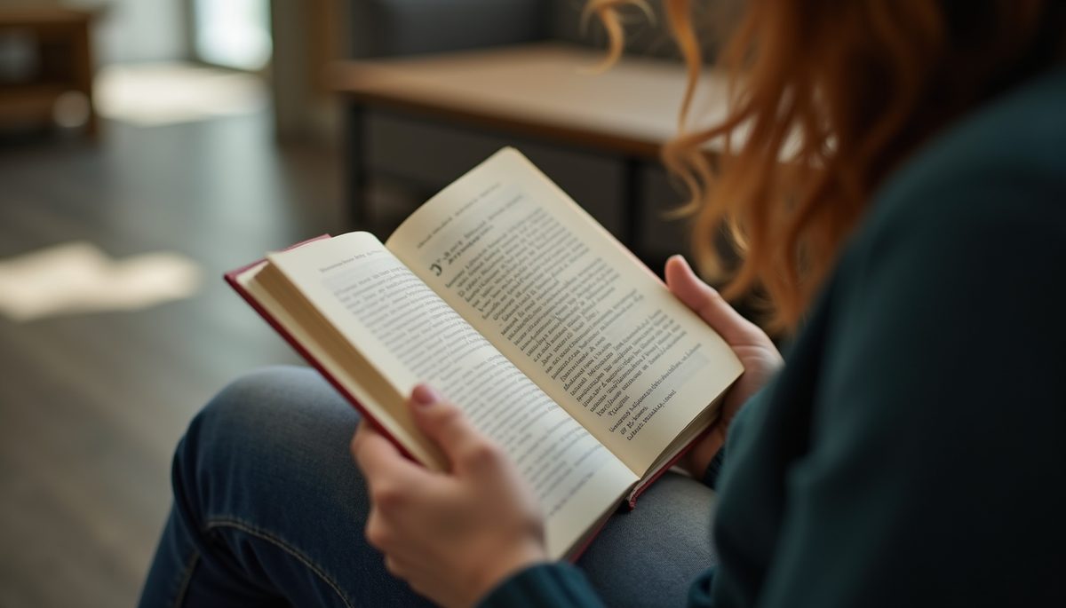 Close-up view of a person reading a book on personal development