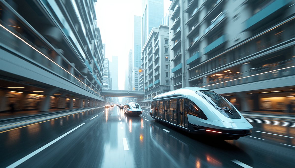 Eye-level view of a futuristic cityscape with A.I.-powered transportation systems