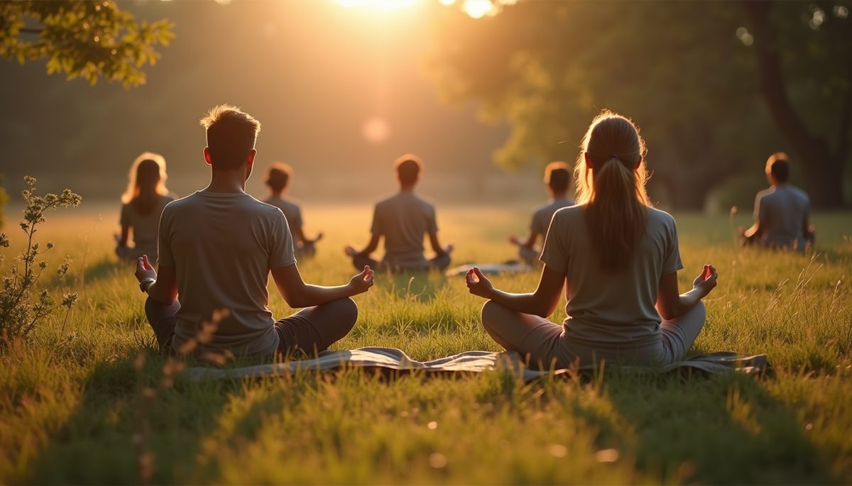 Close-up view of a group meditation session in nature