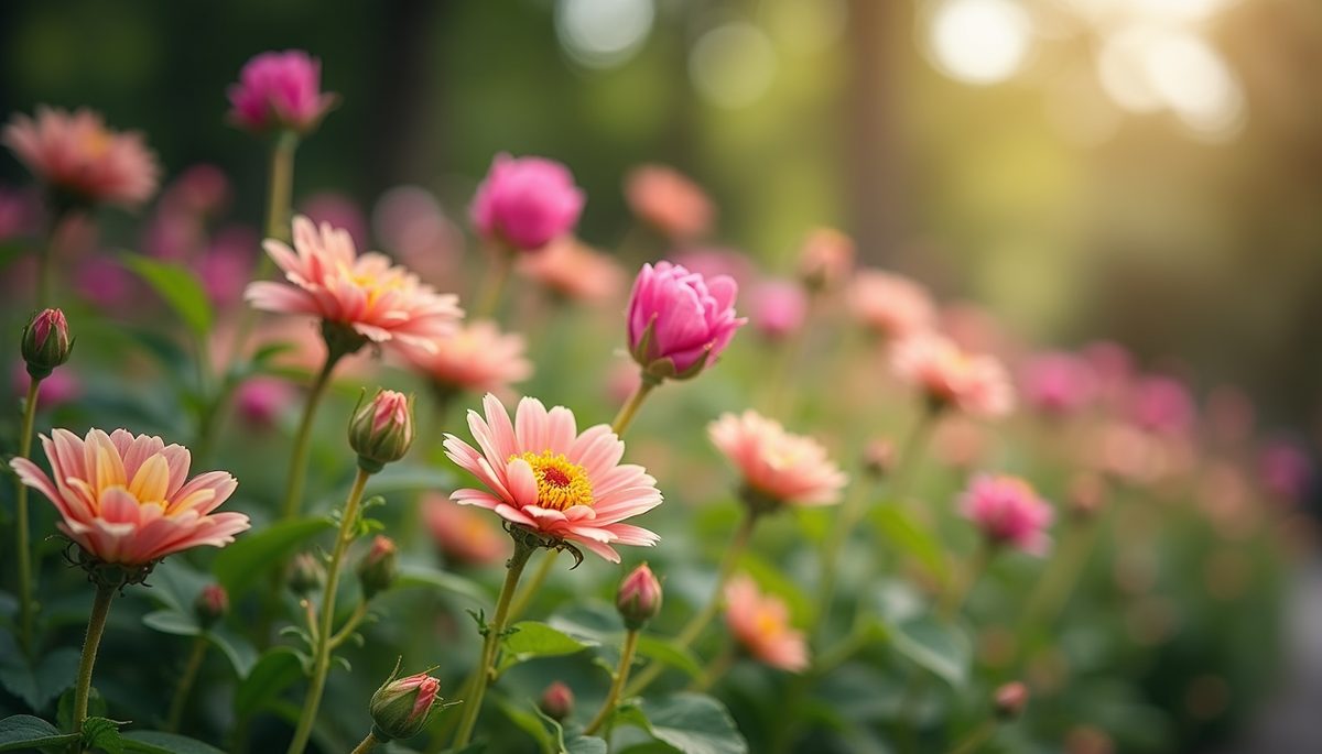 High angle view of a peaceful garden filled with blooming flowers