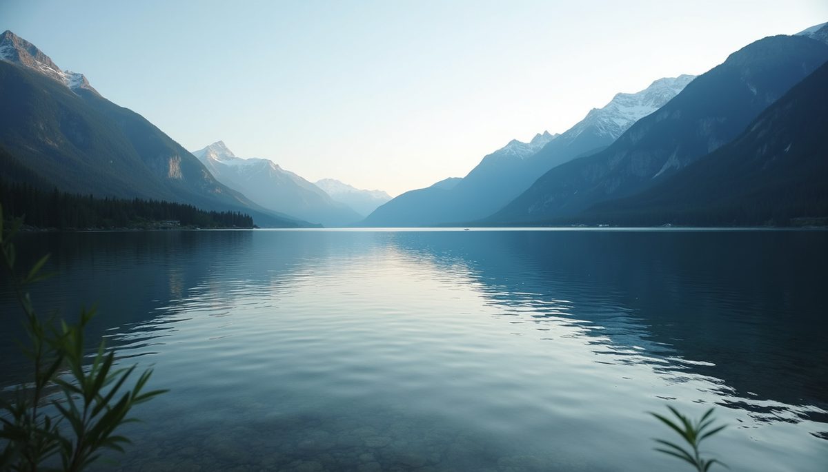 Eye-level view of a serene lake surrounded by mountains.