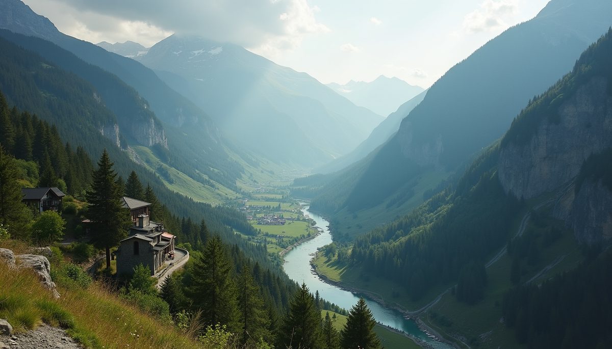 High angle view of a serene mountain landscape with a winding river