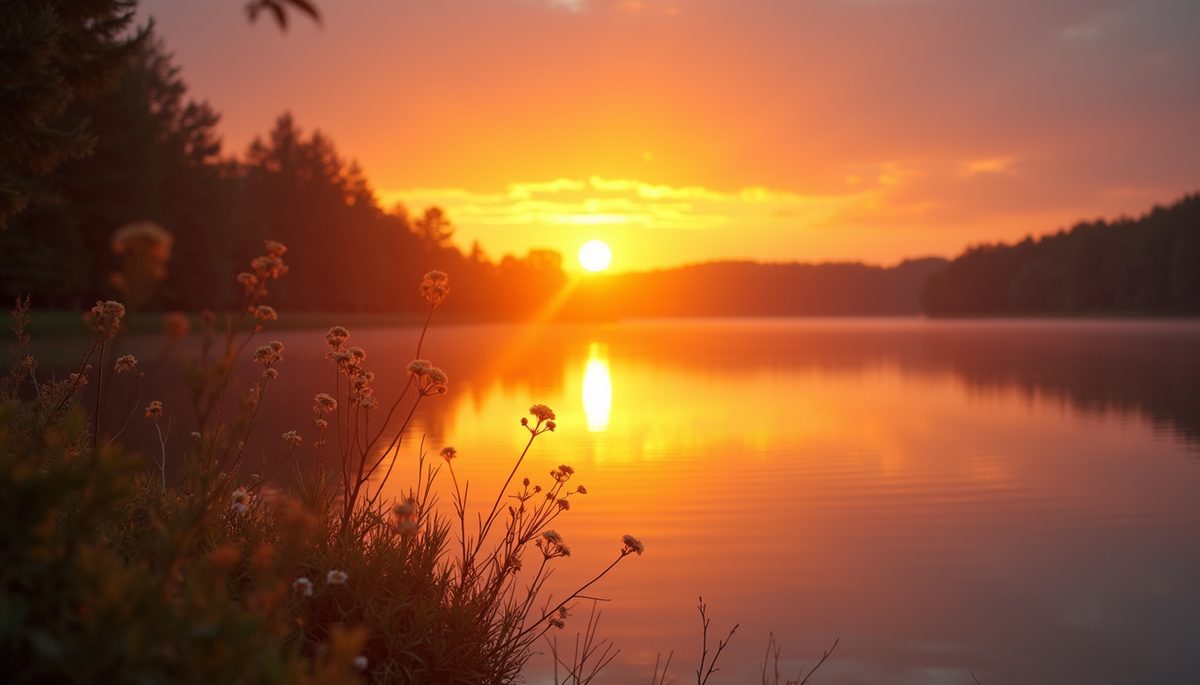 Close-up view of a vibrant sunrise over a calm lake