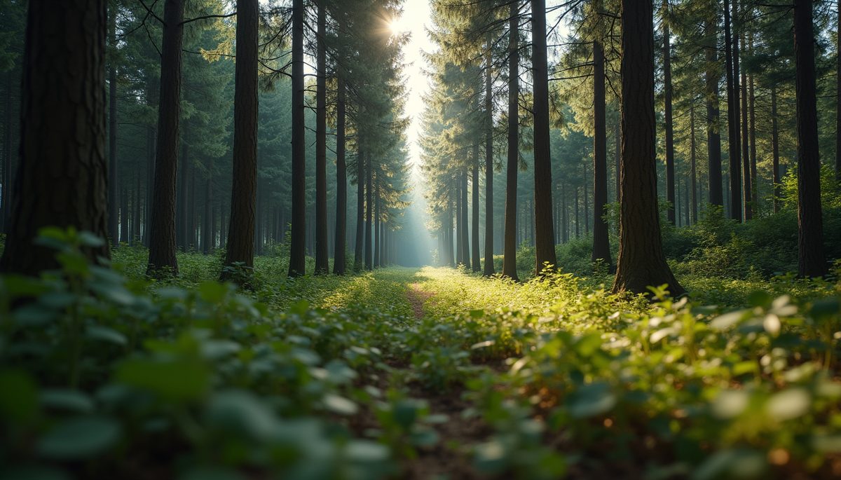Eye-level view of a tranquil forest with tall trees