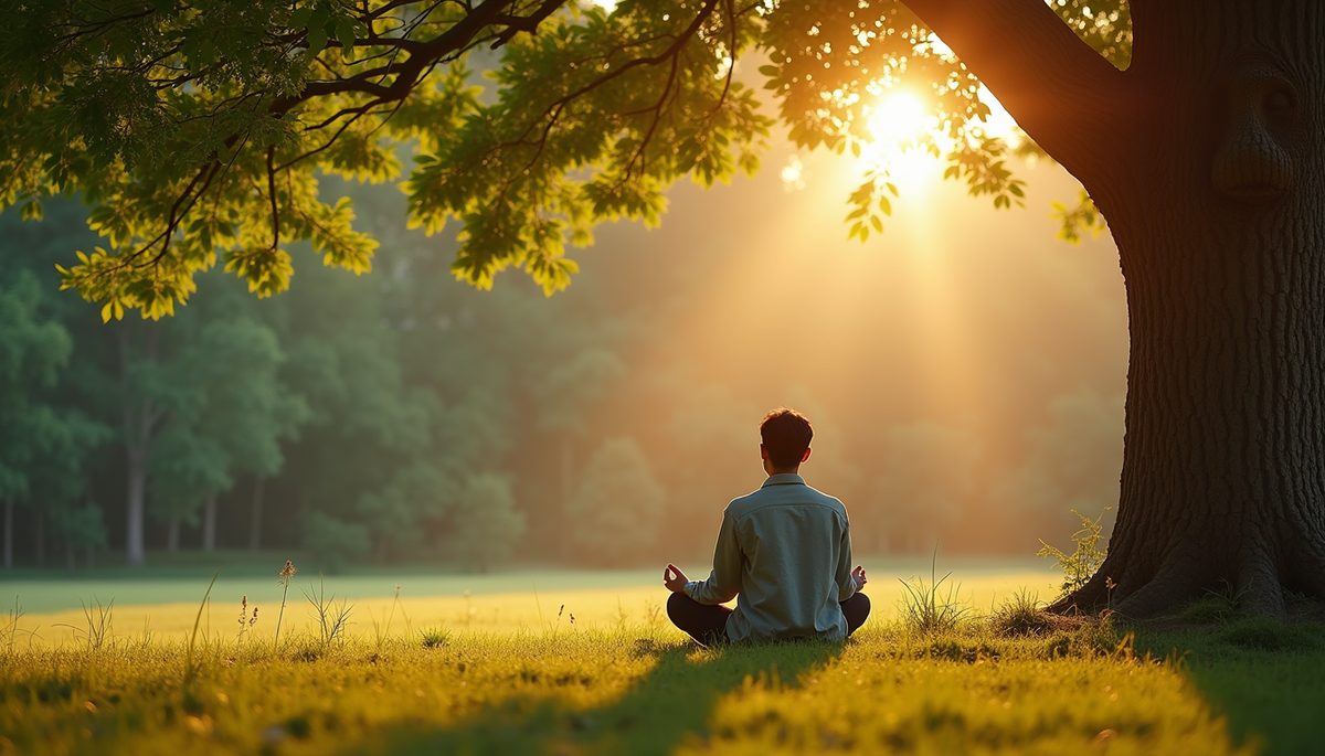 Close-up view of a person meditating under a tree