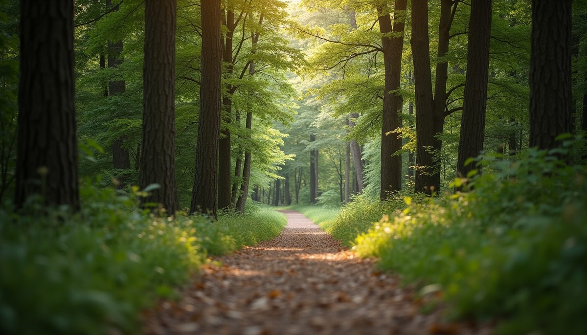 Eye-level view of a pathway through a tranquil forest