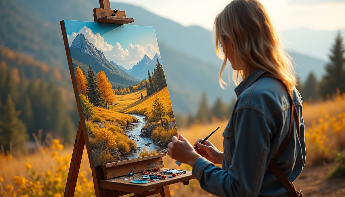 Eye-level view of artist painting a vibrant landscape