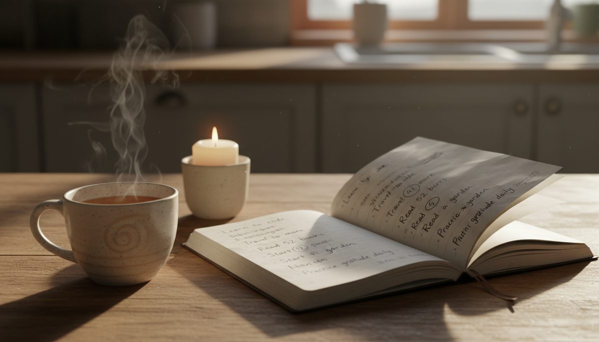 Close-up view of a journal page with handwritten goals beside a cup of tea and a lit candle.