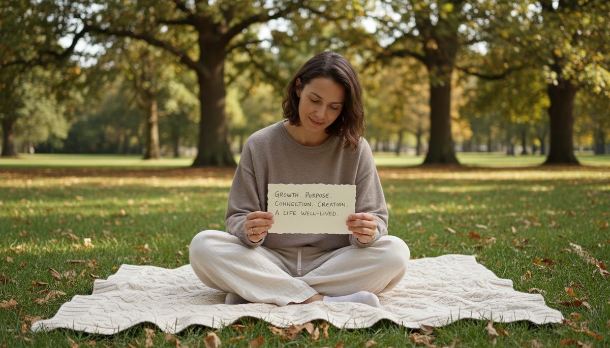 Eye-level view of a person sitting on a blanket in a sunny park while reading a handwritten vision statement.