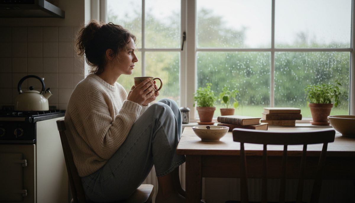Eye-level view of a person looking out a rainy window while holding a warm mug