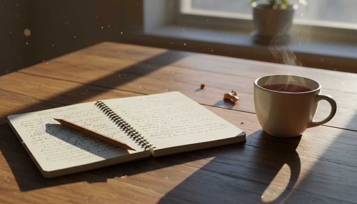 Close-up of a notebook with handwritten reflections beside a pencil and a cup of tea