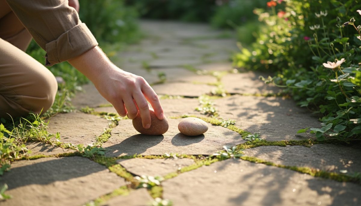 Overhead view of a person placing a small stone on a sunlit path beside other stones