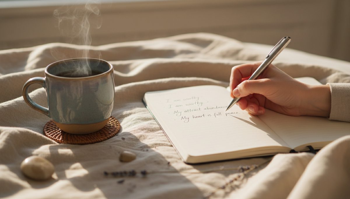 Close-up view of a hand writing affirming words in a journal.